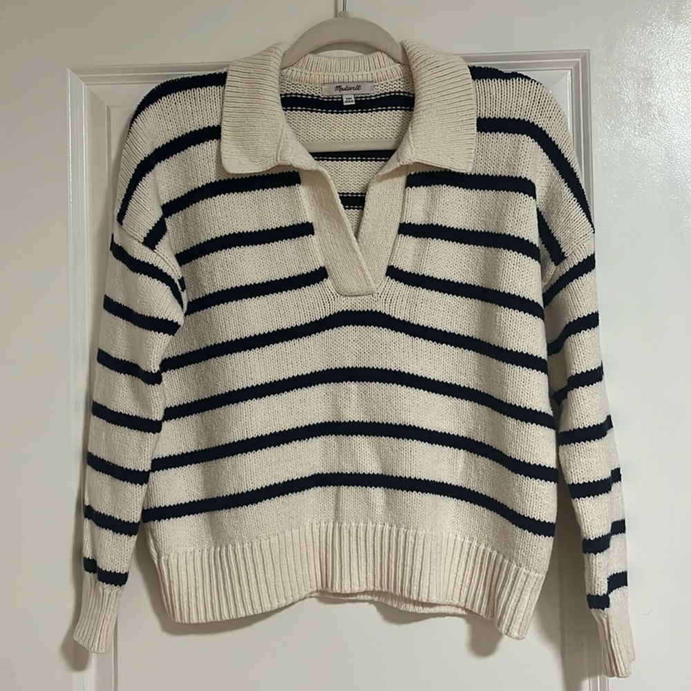 Long-sleeve, striped, knitted collared sweater. Cozy and runs big.